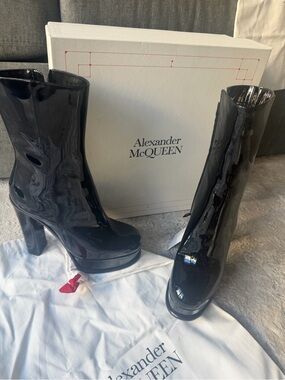 Alexander McQueen Black Patent Platform Knee-High Boots
